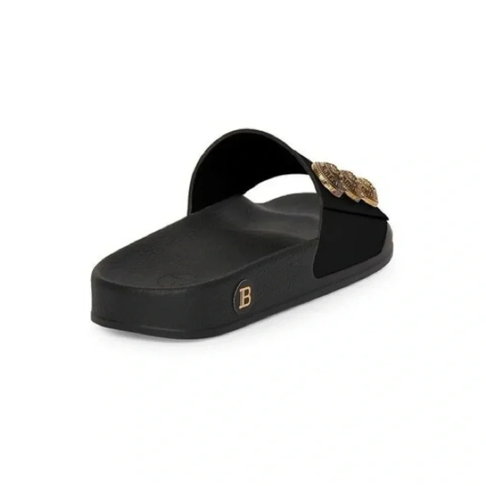 New in Box Balmain Symi Slided Leather Button Shoes Sandals Smooth Black Gold - Picture 5 of 15